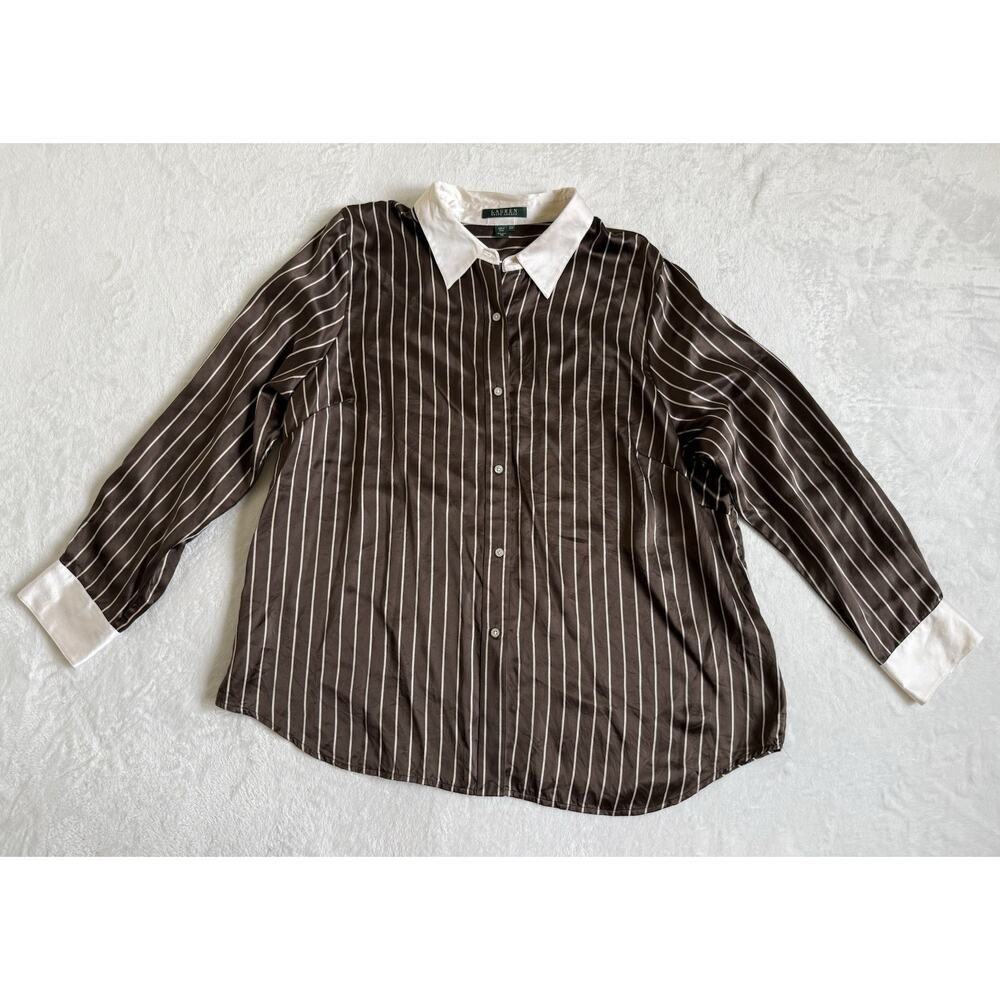 Lauren Ralph Lauren 100% Silk Button Down Shirt Brown White Stripe Preppy 22W